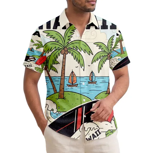 HAWAII Text Tropical Island Palm Trees Surfboards - Beach Lifestyle Gift Hawaiian Shirt