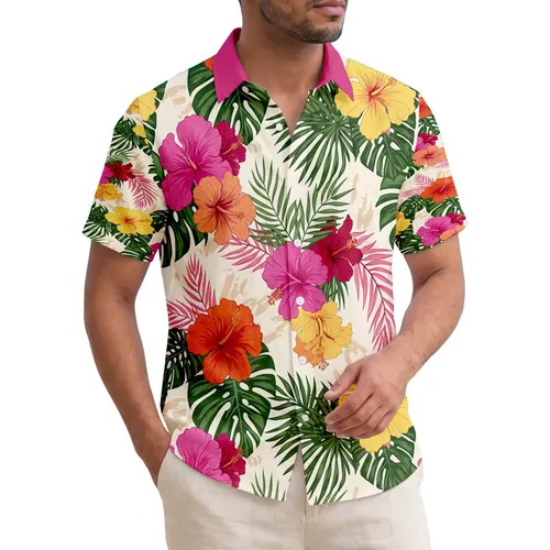 Vibrant Hot Pink Hibiscus Flowers Tropical Palm Leaves Broad Foliage - Home Decor Gift Hawaiian Shirt