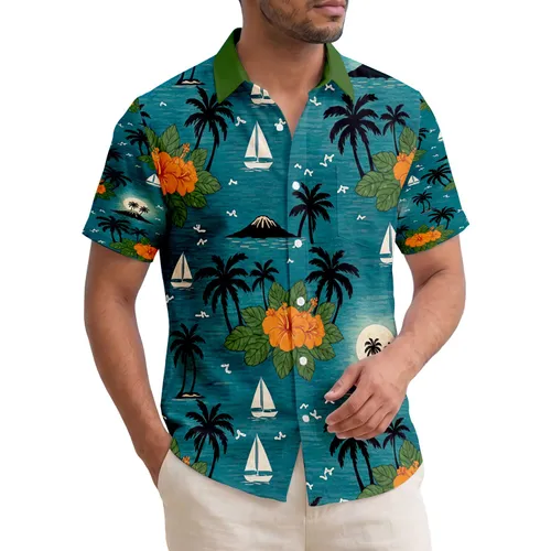 Tropical Hibiscus Palm Trees Island Ocean Sailboats - Travel Essentials Gift Hawaiian Shirt