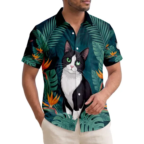 Black White Tuxedo Cat Palm Monstera Jungle - Cat Lover Tropical Home Decor Gift Hawaiian Shirt