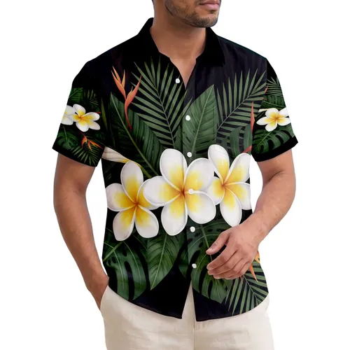 Plumeria Bouquet Tropical Leaves Red Buds - Dark Tropical Home Decor Lifestyle Hawaiian Shirt