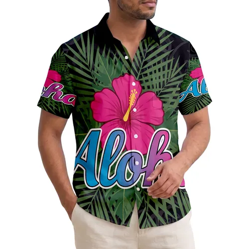 Aloha Text Hibiscus Flower Palm Fronds - Vacation Lifestyle Gift for Travel Lover Hawaiian Shirt
