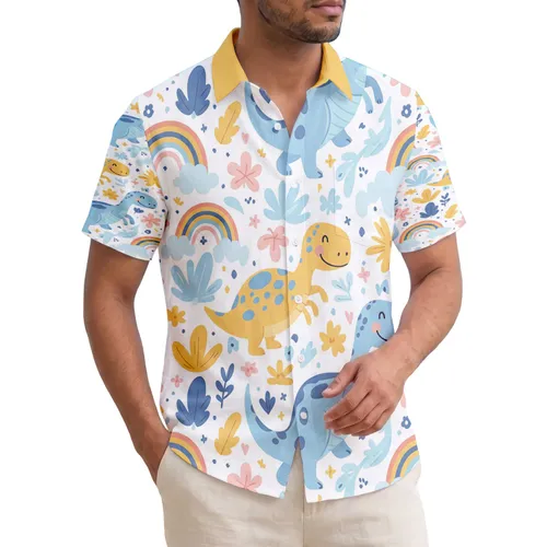Smiling Blue Yellow Dinosaurs Pastel Rainbows Flowers Clouds Leaves - Home Decor Gift Hawaiian Shirt
