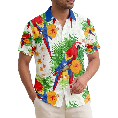 Macaws Hibiscus Palm Fronds Tropical Wildlife Lover Home Decor Gift Hawaiian Shirt