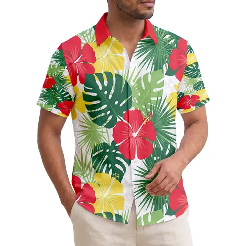 Red Hibiscus Yellow Hibiscus Palm Fronds Fan Leaves Tropical Foliage - Vacation Essentials Gift Hawaiian Shirt
