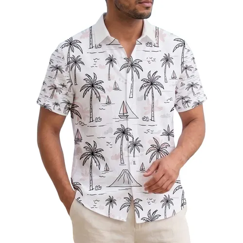Palm Tree Sailboat Island Volcano Ocean - Home Decor Gift for Tropical Lover Hawaiian Shirt