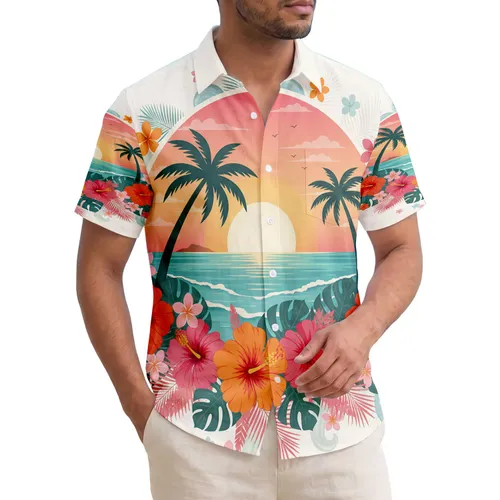 Hibiscus Sunset Beach Palm Trees - Beach Lover Gift Hawaiian Shirt