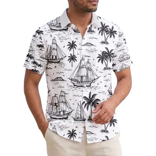 Sailing Ships Galleons Palm Trees Island Silhouettes Ocean Waves - Home Decor Gift Hawaiian Shirt