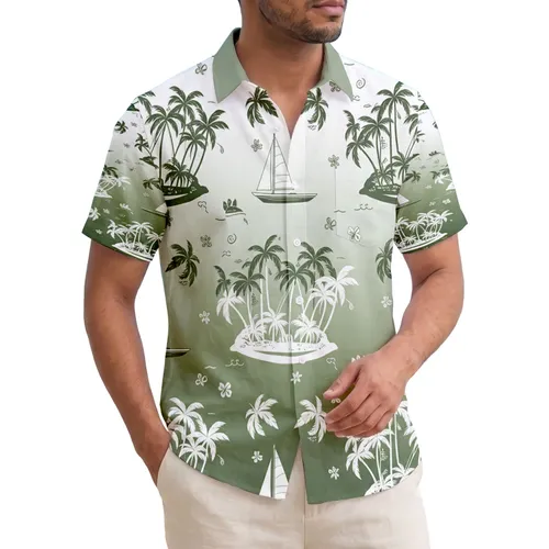 Palm Trees Island Clipper Ships Sailboats Landforms Palm Fronds - Vacation Home Decor Gift Hawaiian Shirt
