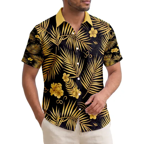 Golden Palm Fronds Black Background - Tropical Island Home Decor Gift Hawaiian Shirt