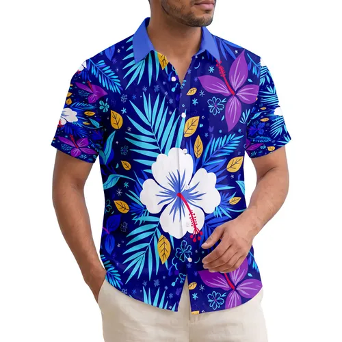 White Hibiscus Purple Tropical Flowers Blue Palm Fronds - Home Decor Gift Hawaiian Shirt