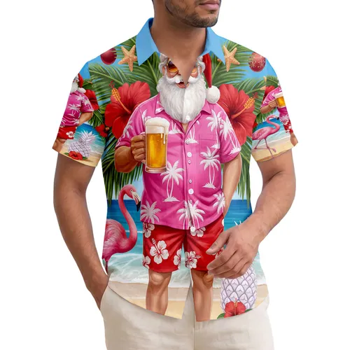 Santa Claus Tropical Beach Pineapple Flamingo Festive Christmas Holiday Gift Hawaiian Shirt