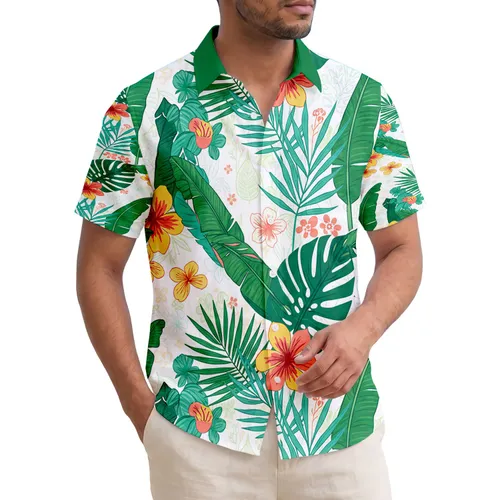 Lush Tropical Philodendron Palm Banana Leaves Yellow Orange Flowers - Vacation Essentials Hawaiian Shirt