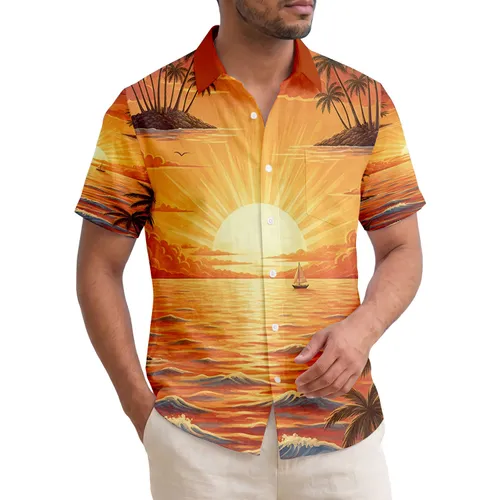 Palm Trees Island Sunset Sailboat Flowers - Vacation Getaway Decor Hawaiian Shirt