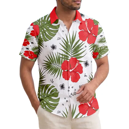 Red Hibiscus Tropical Foliage Palm Fronds Monstera Leaves - Island Vacation Lifestyle Gift Hawaiian Shirt