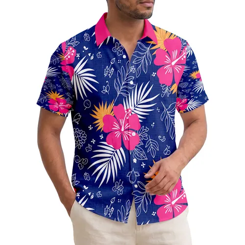 Hot Pink Orange Hibiscus Palm Fronds Tropical Foliage - Tropical Getaway Gift Hawaiian Shirt