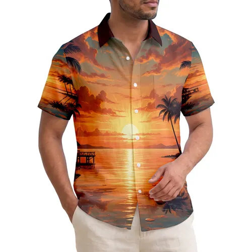 Setting Sun Ocean Bungalow Palm Trees - Tropical Getaway Home Decor Gift Hawaiian Shirt