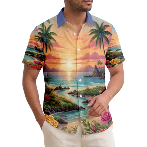 Large Roses Tropical Beach Sunset Palms - Island Vacation Gift Hawaiian Shirt