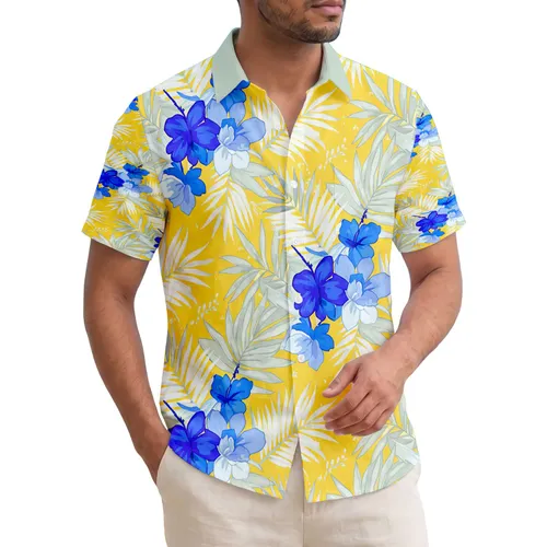 Bright Yellow Blue Tropical Flowers Palm Fronds - Tropical Home Decor Gift Hawaiian Shirt