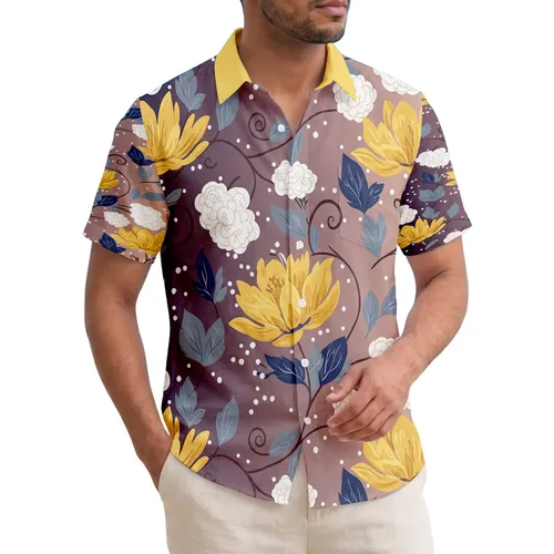 Tropical Golden Yellow Flowers White Floral Clusters Blue Leaves - Travel Essentials Hawaiian Shirt