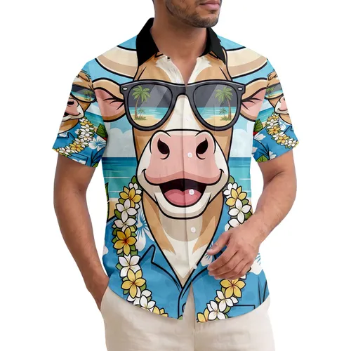 Smiling Cow Sunglasses Hawaiian Beach Tropical Flowers - Summer Vacation Gift for Cow Lover Hawaiian Shirt