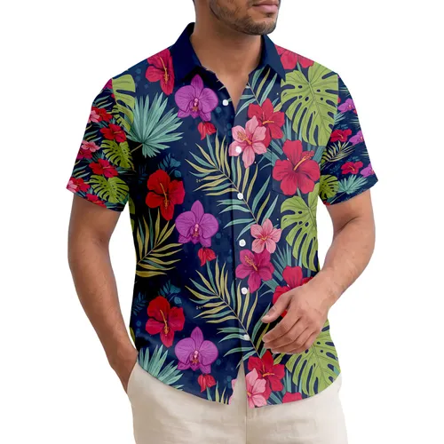 Dark Navy Tropical Palm Monstera Hibiscus Orchid Jungle Foliage - Tropical Lifestyle Gift Hawaiian Shirt