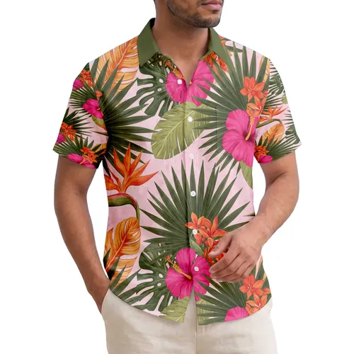 Fuchsia Hibiscus Tropical Flowers Golden Palm Leaves - Vacation Travel Home Decor Gift Hawaiian Shirt
