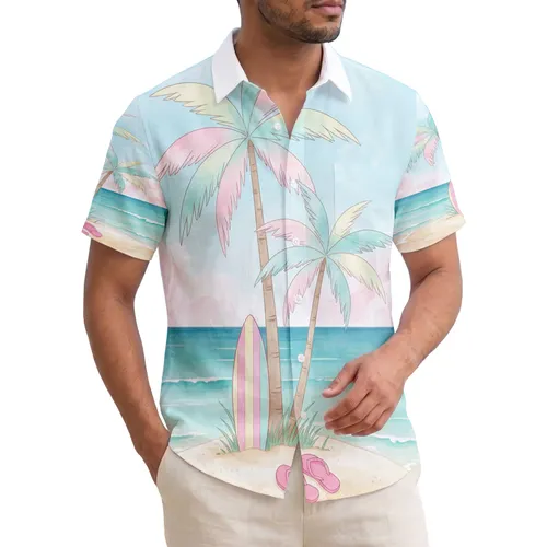 Serene Tropical Beach Scene Palm Trees Surfboard Flip Flops - Summer Vacation Travel Gift Hawaiian Shirt