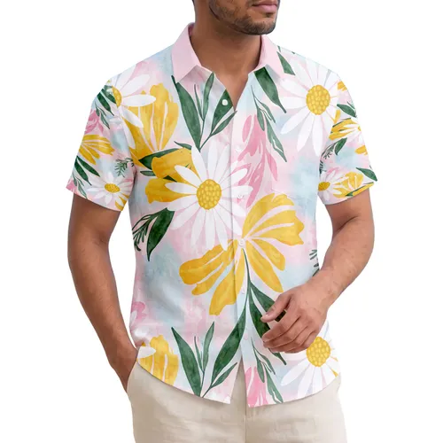 Tropical Hawaiian White Daisy Yellow Petal Green Leaves - Summer Vacation Home Decor Gift Hawaiian Shirt
