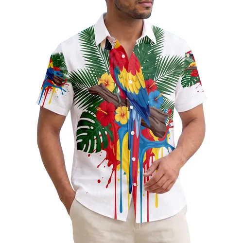 Vibrant Macaw Parrot Palm Hibiscus Dripping Paint Splash - Tropical Wildlife Gift Hawaiian Shirt