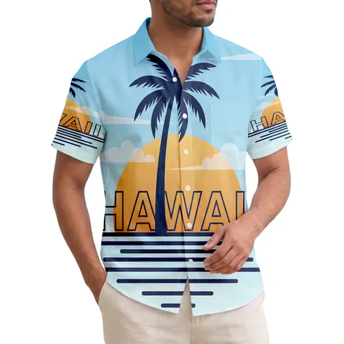 Tall Palm Tree Ocean Water HAWAII Text Island Sunset View - Tropical Vacation Souvenir Gift Hawaiian Shirt