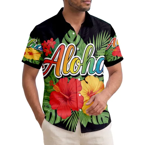 Aloha Rainbow Script Hibiscus Tropical Leaves - Beach Vacation Gift Hawaiian Shirt