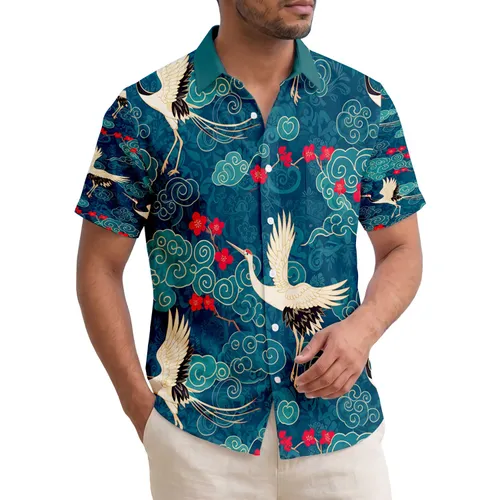 Asian Cranes Red Blossoms Swirling Clouds - Tropical Island Beach House Decor Gift Hawaiian Shirt
