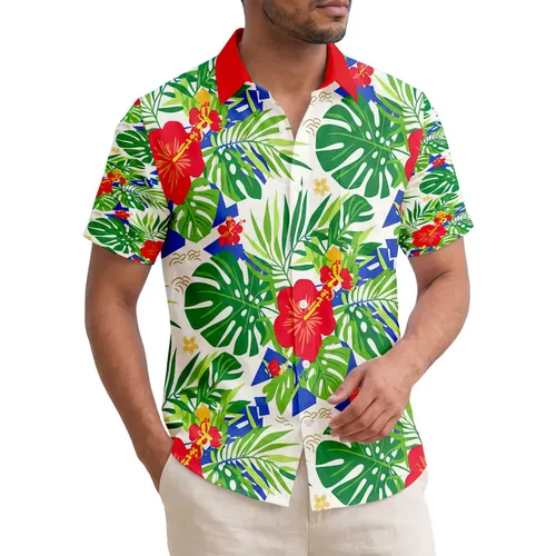 Tropical Hibiscus Palm Fronds Royal Blue Shapes - Island Home Decor Gift Hawaiian Shirt