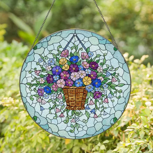 Woven Basket Multi-Petaled & Bell Flowers Cascading Foliage - Home Decor Gift Stained Glass Suncatcher