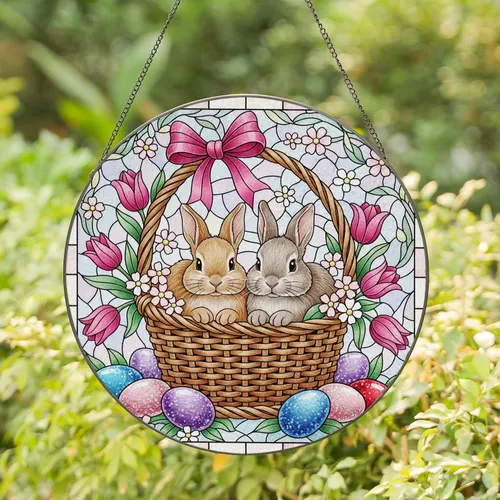 Baby Bunnies Easter Eggs Floral Basket - Easter Gift Stained Glass Suncatcher