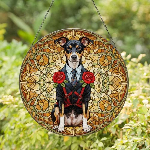 Dapper Pinscher Dog Suit Red Roses Home Decor Gift for Dog Lover Stained Glass Suncatcher