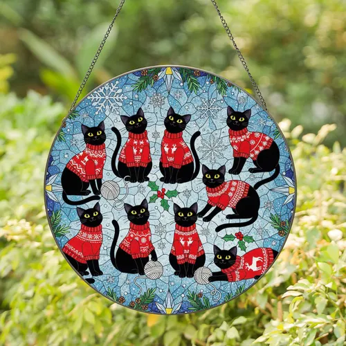 Eight Black Cats Red Sweaters Winter Snowflakes - Christmas Home Decor Gift for Cat Lovers Stained Glass Suncatcher