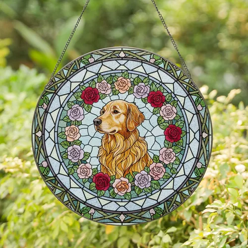 Majestic Golden Retriever Dog Rose Wreath Home Window Decor Gift for Dog Lover Stained Glass Suncatcher