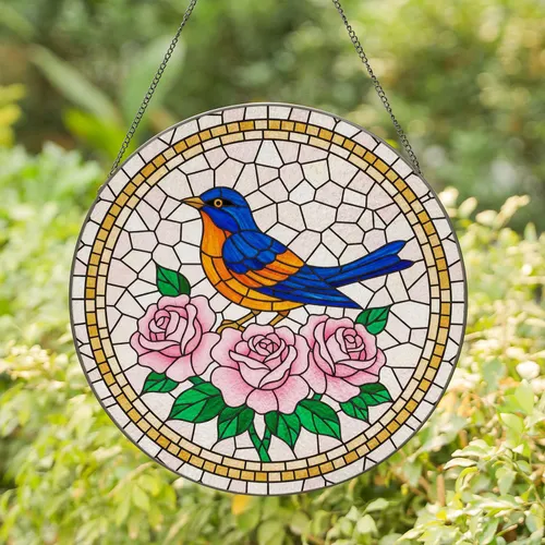 Blue Orange Bird Pink Roses - Bird Lover Home Decor Gift Stained Glass Suncatcher
