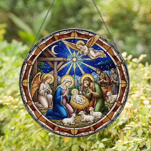 Nativity Scene Mary Joseph Baby Jesus Star Angels Shepherds Donkey Ox - Christmas Decor Gift Stained Glass Suncatcher