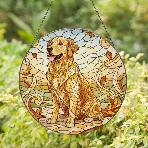 Golden Retriever Dog Sitting Comfortably Home Decor Gift for Dog Owners Stained Glass Suncatcher