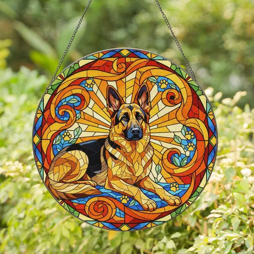 German Shepherd Paw Print Leaf Stained Glass Sunburst Home Decor Gift for Dog Lover Stained Glass Suncatcher