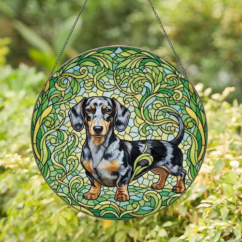Dachshund Dapple Coat Dog Botanical Swirls - Home Decor Gift for Dachshund Lover Stained Glass Suncatcher