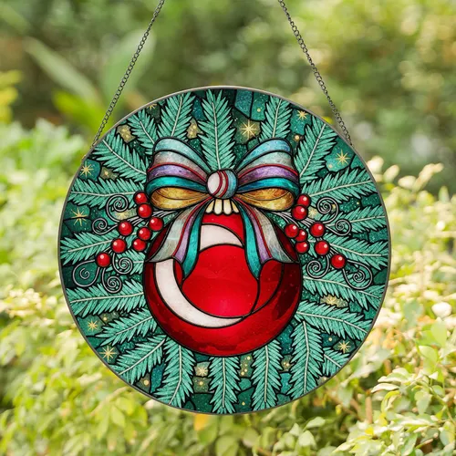 Red Christmas Ornament Iridescent Bow Evergreen Branches - Festive Winter Home Decor Gift Stained Glass Suncatcher