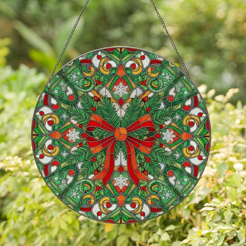 Ornate Festive Bow Holly Berries Pine Needles Snowflakes - Christmas Home Decor Gift Stained Glass Suncatcher