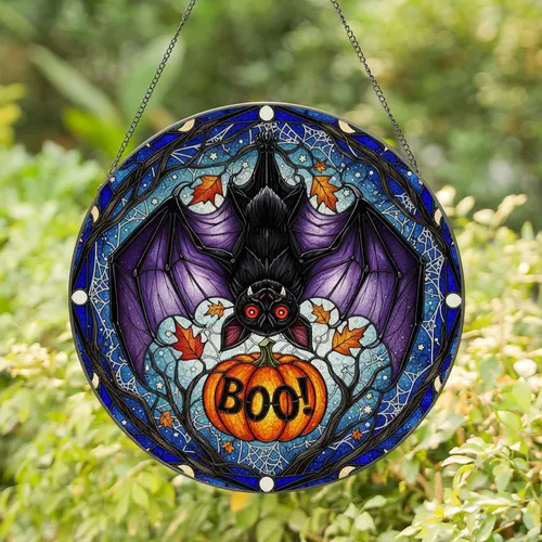 Black Bat Purple Wing Orange BOO Pumpkin Tree Spiderweb - Halloween Home Decor Gift Stained Glass Suncatcher