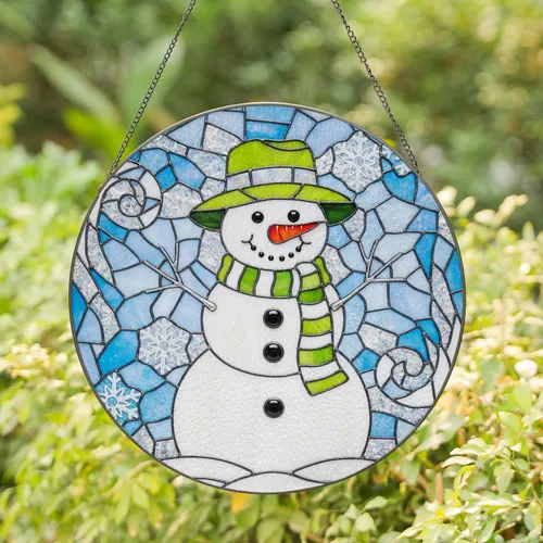Lime Green Hat Red Nose Snowman Snowflakes Frosty Ice - Christmas Winter Home Decor Gift Stained Glass Suncatcher