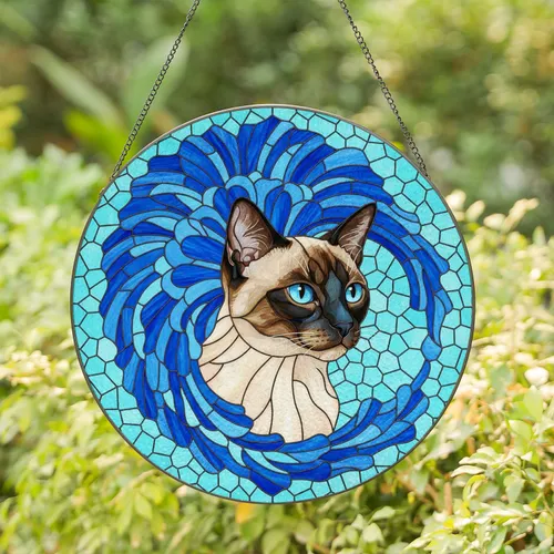 Beige Brown Siamese Cat Head Blue Flowers Turquoise Cyan Field - Cat Lover Home Decor Gift Stained Glass Suncatcher