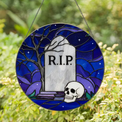Gothic Tombstone Skull Bare Branch Night Sky - Halloween Home Decor Gift Stained Glass Suncatcher